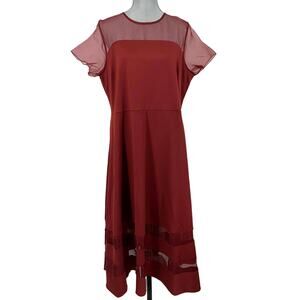 Roamans Womens Plus Size 16W Organza Trim Red Fit and Flare Midi Dress Illusion